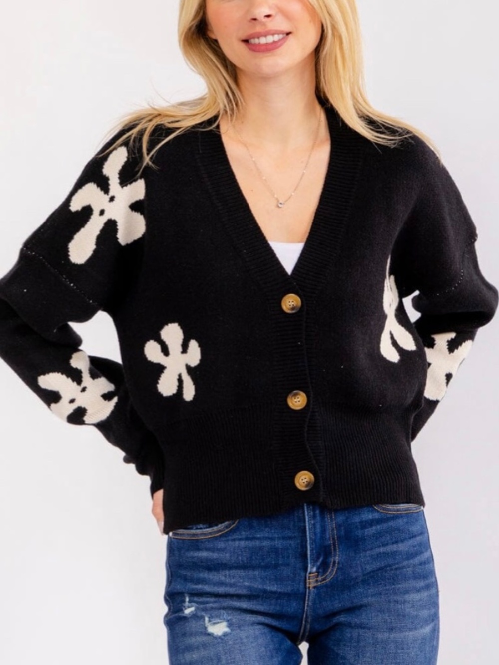 BLACK LONG SLEEVE CARDIGAN SWEATER WITH FLORAL PRINTS - NWT - Picture 4 of 17